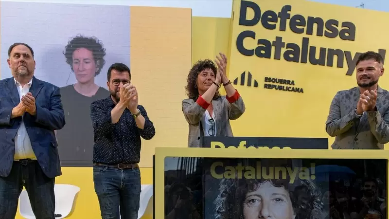 Acto de inicio de campaña del ERC en Barcelona con Oriol Junqueras, Marta Rovira, Pere Aragones, Gabriel Rufián y Teresa Jordà, a 6 de julio de 2023, en Barcelona.