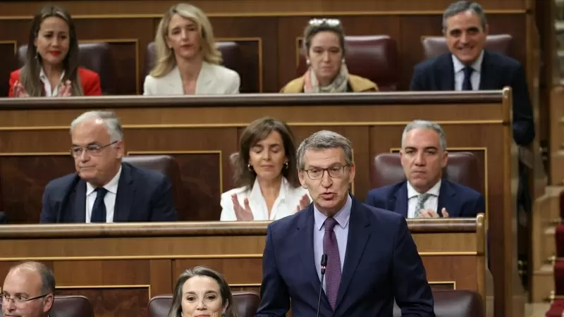 El presidente del PP, Alberto Núñez Feijóo, interviene durante una sesión de control al Gobierno, en el Congreso de los Diputados, a 24 de abril de 2024, en Madrid.