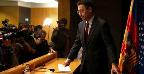 Bartomeu, a su llegada a la sala de prensa. EFE/Toni Albir