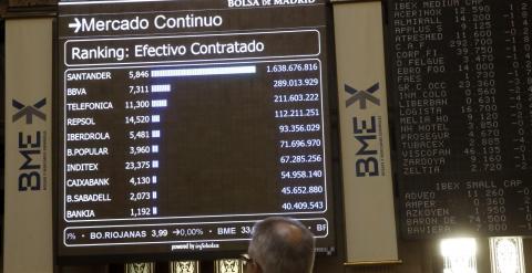 Vista de una pantalla de la Bolsa de Madrid que muestra información bursátil del Banco Santander y otras empresas. EFE/Kiko Huesca