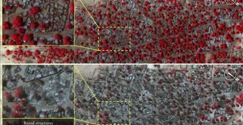 Arriba, Baga antes de los ataques. Las zonas rojas muestran la vegetación sana. Abajo,  el estado de la localidad tras el paso de Boko Haram. - EFE