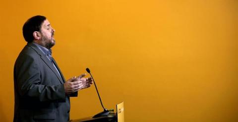 Oriol Junqueras, durante su intervención en el Consell Nacional de ERC. EFE/Alberto Estévez