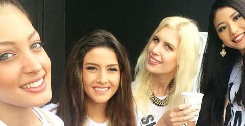 Foto de Miss Israel junto a Miss Libano durante el certamen. Fuente: Instagram de Doron Matalon
