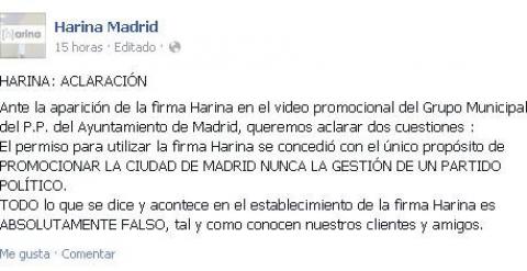 Comunicado emitido en Facebook por Harina