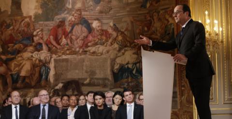 El presidente frances Francois Hollande durante su rueda de prensa semestral en el Palacio del Eliseo. REUTERS/Philippe Wojazer