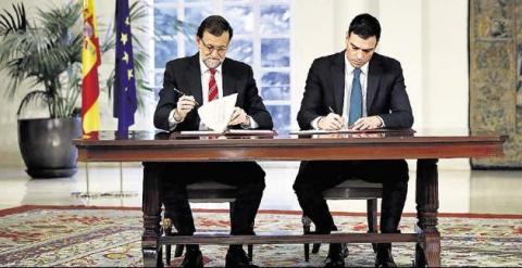 El presidente del Gobierno, Mariano Rajoy (i), y el secretario general del PSOE, Pedro Sánchez, firman su primer pacto de Estado, el 'Acuerdo para afianzar la unidad en defensa de las libertades y en la lucha contra el terrorismo'. Fernando Alvarado/EFE