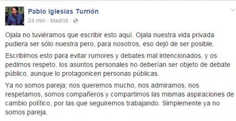 Captura del mensaje de Pablo Iglesias en su cuenta de Facbook.