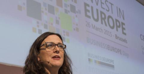 La comisaria de comercio de la UE, Cecilia Malmström, en  la jornada organizada por la patronal europea.