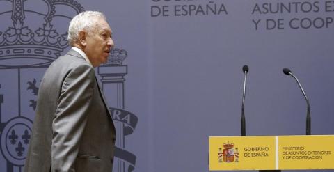 El ministro de Asuntos Exteriores, José Manuel García-Margallo, a su llegada a la rueda de prensa que ha ofrecido hoy. EFE/J. J. Guillén