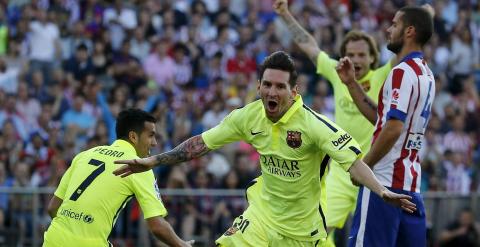 Messi celebra su gol ante  el Atletico de Madrid, que hace al Barça campeón de Liga a falta de un partido para que termine la temporada. REUTERS/Andrea Comas