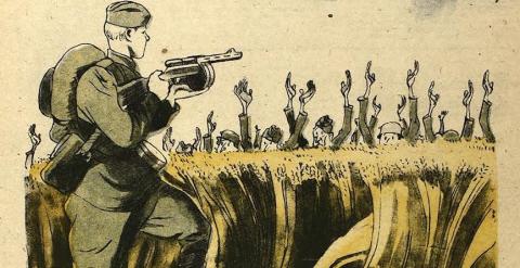 Una de las caricaturas publicadas por 'Krokodil': campaña de cosecha en Ucrania, 1943