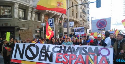 Manifestación convocada por el Movimiento español venezolano antipodemos el pasado 1 de marzo en Madrid.- MEVA