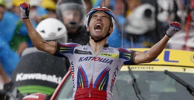 El ciclista español Joaquim 'Purito' Rodríguez, del equipo Katusha, celebra su victoria en la decimosegunda etapa del Tour de Francia. /EFE