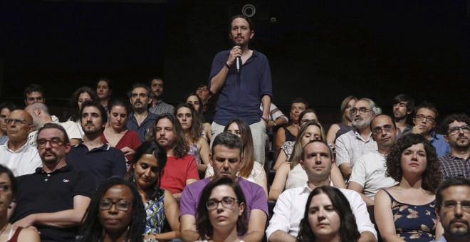 El líder de Podemos, Pablo Iglesias, durante la presentación de la candidatura 'Equipo Pablo Iglesias'.- J.J. Guillén (EFE)