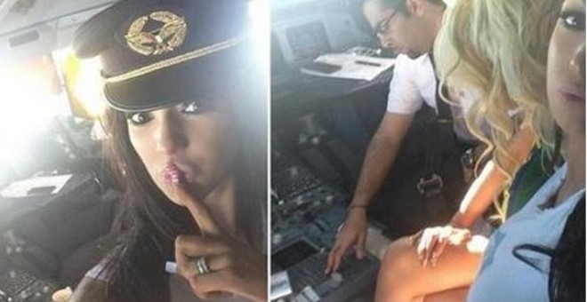 El piloto de la compañía Kuwait Airways con la chica Playboy, Chloe Khan, y una amiga en la cabina de la aeronave durante un vuelo a Nueva York / Archivo