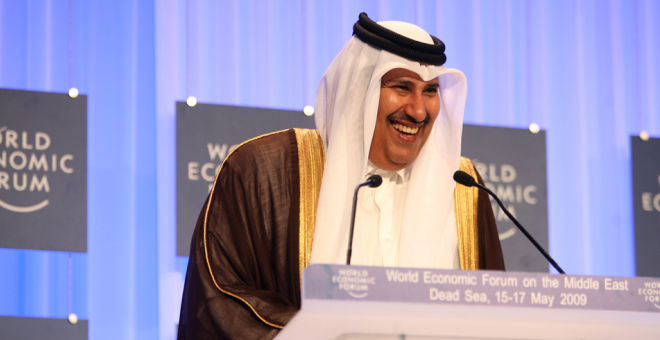 El jeque Hamad Bin Jassim Bin Jaber al Thani, en una intervención en el Foro Davos. REUTERS