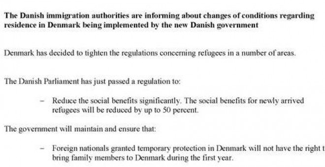 Anuncio del Gobierno danés que advierte de las nuevas condiciones para los refugiados. / JUSTIN CREMER