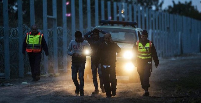 Policías húngaros detienen a varios personas junto a la valla anti inmigrantes levantada en la frontera con Serbia. - EFE