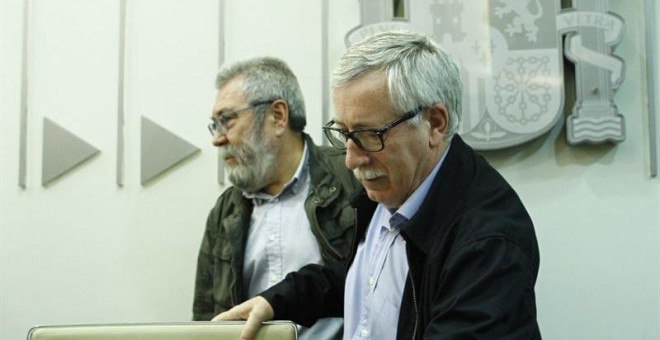 Ignacio Fernández Toxo, de CCOO, y Cándido Méndez, de UGT. E.P.