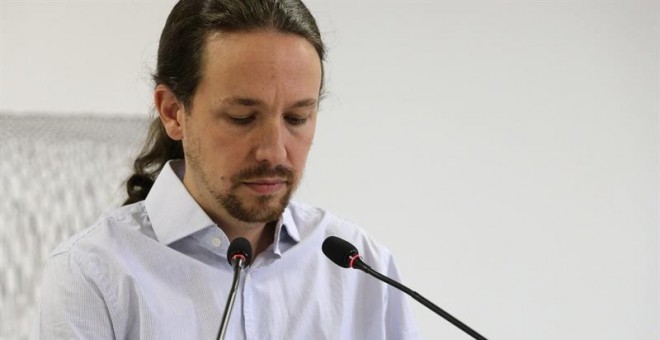 El líder de Podemos, Pablo Iglesias, durante la rueda de prensa que ofreció tras la reunión del Consejo de Coordinación, al día siguiente de los comicios catalanes./ EFE