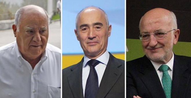 Amancio Ortega, de Inditex, Rafael del Pino, de Ferrovial, y Juan Roig, de Mercadona. EFE/REUTERS