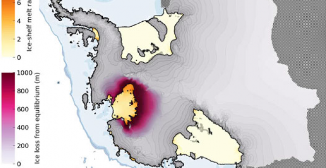 Nivel de deshielo de la capa de hielo de la Antártida occidental para el año 2700. / Feldmann et al