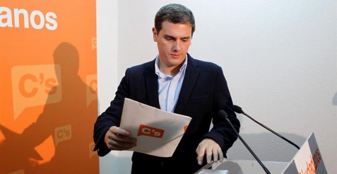 El secretario general de Ciudadanos, Albert Rivera, durante la rueda de prensa que ofreción en la sede del partido en Madrid. EFE/Víctor Lerena