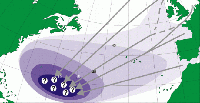 Rutas de migración de la anguila europea hacia el Mar de los Sargazos. Los números indican el tamaño de las larvas encontradas. /OTN