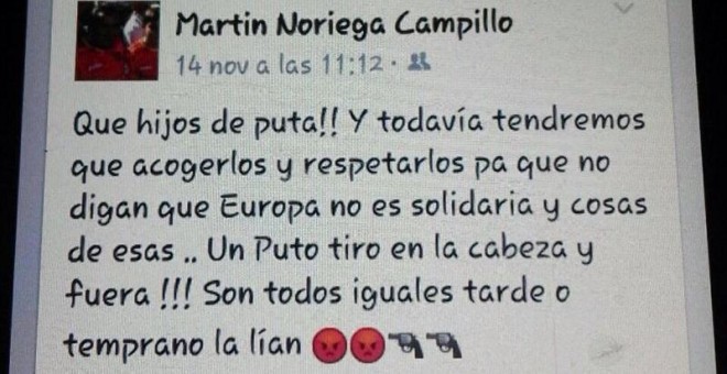 Mensaje publicado en Facebook por el concejal del PP, Martín Noriega Campillo. EUROPA PRESS
