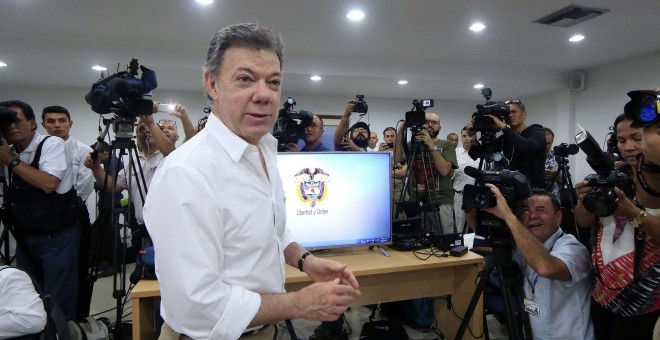 El presidente de Colombia, Juan Manuel Santos, en la rueda de prensa en la que ha anunciado el hallazgo del galeón San José en el caribe colombiano. EFE/RICARDO MALDONADO ROZO