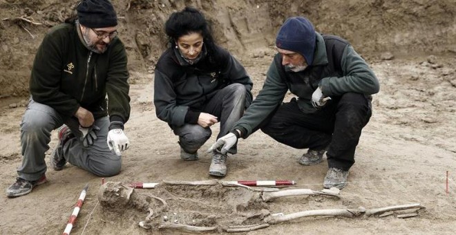 Restos de uno de los cuerpos encontrados en una fosa junto a la localidad de Ibero, en Navarra. / EFE