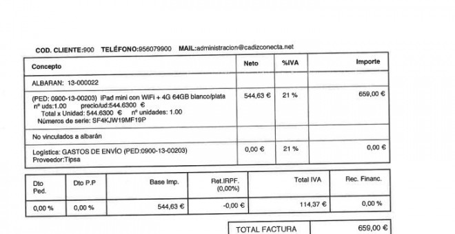 Una de las facturas de Cádiz Conecta y Goldenmac. Jueves 24 de enero 2013.