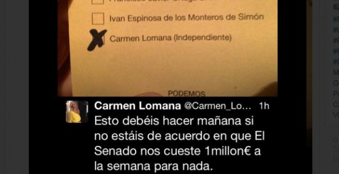 Tweet de Carmen Lomana pidiendo el voto