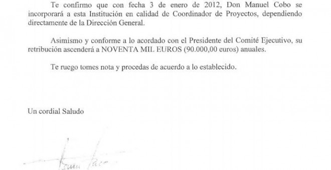 Carta del Director General de Ifema a la Directora de Recursos Humanos informando de la contratación de Manuel Cobo.- PÚBLICO