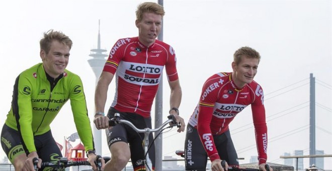 Los ciclistas profesionales alemanes, Andre Greipel, Marcel Sieberg y Ruben Zepuntke en Düsseldorf, Alemania. EFE/Imagen de archivo