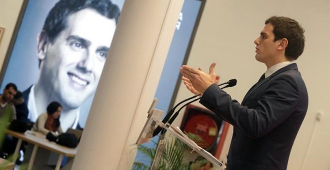 El presidente de Ciudadanos, Albert Rivera, durante su comparecencia en rueda de prensa el miércoles. /EFE