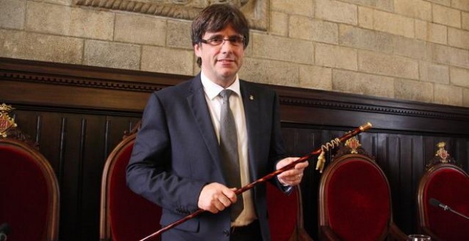 Carles Puigdemont, en el momento de ser proclamado alcalde de Girona, el 13 de junio de 2015. EFE