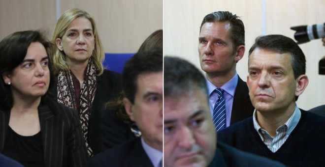 La infanta Cristina de Borbón y su marido Iñaki Urdangarin, en el banquilo de los acusados en el primer día del Juicio por el caso Nóos en Palma de Mallorca. EFE