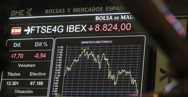 Monitor informativo en la bolsa de Madrid que muestra las variaciones del principal indicador de la Bolsa española, el Ibex 35. EFE/Fernando Alvarado