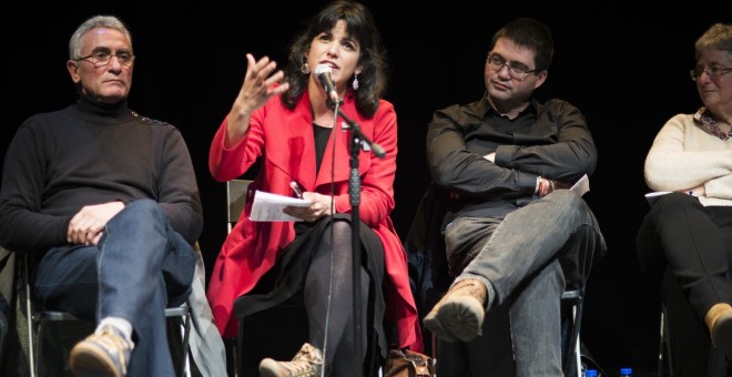 Diego Cañamero, Teresa Rodriguez, Carlos Sánchez Mato y Montserrat Galcerán durante el acto por el segundo aniversario de Podemos. SANDRA BLANCO