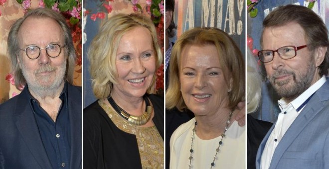 Benny Andersson, Agnetha Fältskog, Anni-Frid Lyngstad y Björn Ulvaeus los componentes de ABBA, en la inauguración de un restaurante temático en Estocolmo. REUTERS