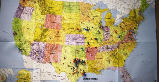 Mapa de EEUU en una de las sedes del aspirante republicano Ted Cruz. - AFP