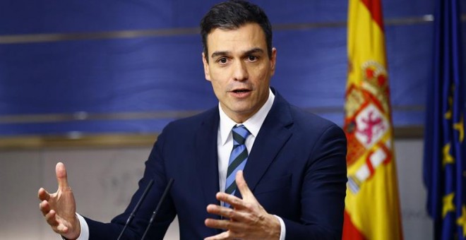 El secretario general del PSOE, Pedro Sánchez, durante la rueda de prensa.- EFE/J.P.GANDUL