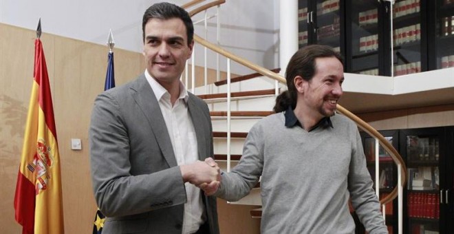 El secretario general de Podemos, Pablo Iglesias, y el líder del PSOE, Pedro Sánchez. EUROPA PRESS
