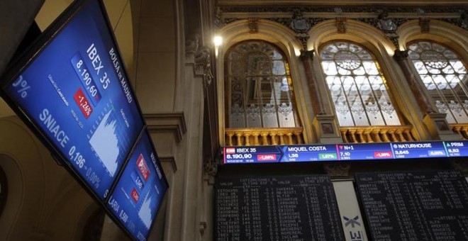 Panel informativo en la Bolsa de Madrid, que muestra el principal indicador del mercado nacional, el IBEX 35, que ha bajado 66,4 puntos, el 0,8 por ciento, hasta 8.229 puntos. El índice general de la Bolsa de Madrid cedía el 0,81 por ciento y se situaba e