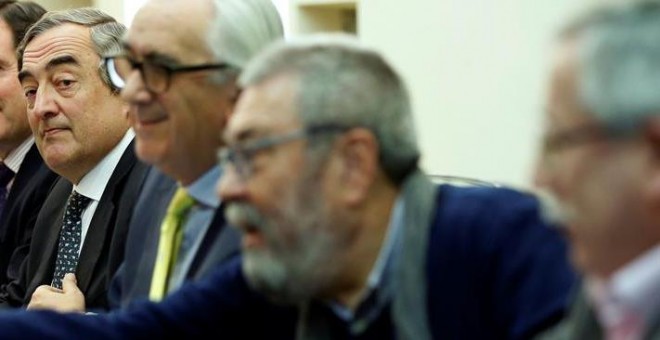 Rosell, Méndez y Toxo, en un acto celebrado en Madrid este martes. EFE/Juan Carlos Hidalgo