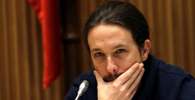 El secrerario general de Podemos, Pablo Iglesias, durante la jornada 'Análisis, Retos y Perspectivas en la Aplicación de la Ley 45/07 de Desarrollo Sostenible del Medio Rural', organizada por el Grupo parlamentario Podemos-En Comú Podem-En Marea, hoy en e