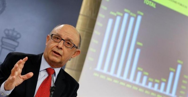 El ministro de Hacienda en funciones, Cristóbal Montoro, durante la rueda tras la reunión del Consejo de Ministros, que ha aprobado hoy la Oferta de Empleo Público de 2016 que incluye 13.427 nuevas plazas, el 62 % más que en 2015, y 5.594 plazas de promoc