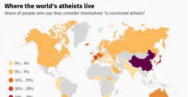Mapa, según el estudio, de las regiones del mundo con más ateos convencidos.- THE INDEPENDENT