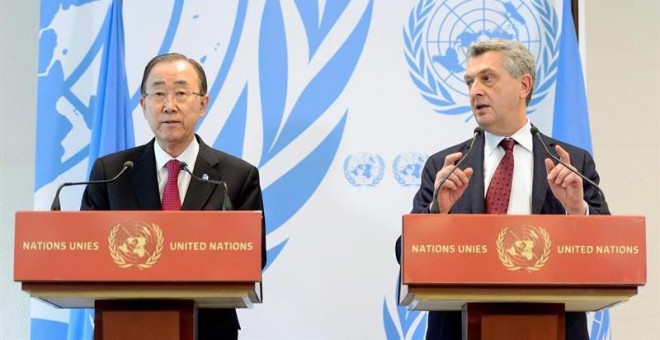 El secretario general de la ONU, Ban Ki-moon, y el alto comisionado para los Refugiados, Filippo Grandi. / EFE